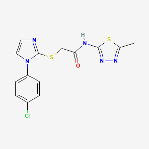 molecular formula C14H12ClN5OS2 B2392520 2-((1-(4-chlorophenyl)-1H-imidazol-2-yl)thio)-N-(5-methyl-1,3,4-thiadiazol-2-yl)acetamide CAS No. 851079-23-7