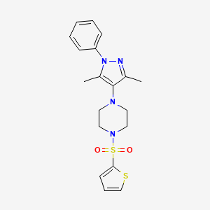 molecular formula C19H22N4O2S2 B2392542 1-(3,5-二甲基-1-苯基-1H-吡唑-4-基)-4-(噻吩-2-基磺酰基)哌嗪 CAS No. 1251559-96-2