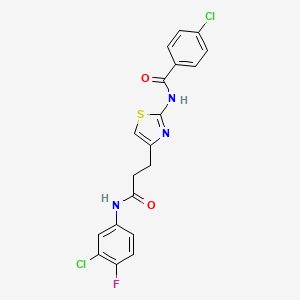 molecular formula C19H14Cl2FN3O2S B2392572 4-chloro-N-(4-(3-((3-chloro-4-fluorophenyl)amino)-3-oxopropyl)thiazol-2-yl)benzamide CAS No. 1021229-95-7