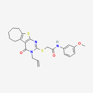 molecular formula C23H25N3O3S2 B2392650 2-((3-allyl-4-oxo-4,5,6,7,8,9-hexahydro-3H-cyclohepta[4,5]thieno[2,3-d]pyrimidin-2-yl)thio)-N-(3-methoxyphenyl)acetamide CAS No. 566880-11-3