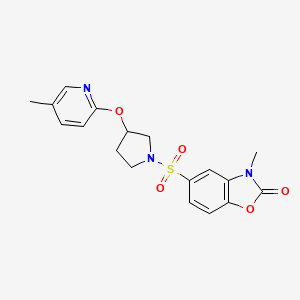 molecular formula C18H19N3O5S B2392653 3-methyl-5-((3-((5-methylpyridin-2-yl)oxy)pyrrolidin-1-yl)sulfonyl)benzo[d]oxazol-2(3H)-one CAS No. 1903351-51-8