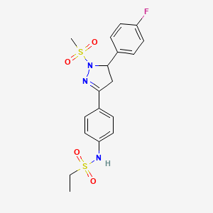 molecular formula C18H20FN3O4S2 B2392685 N-(4-(5-(4-fluorophenyl)-1-(methylsulfonyl)-4,5-dihydro-1H-pyrazol-3-yl)phenyl)ethanesulfonamide CAS No. 851781-43-6