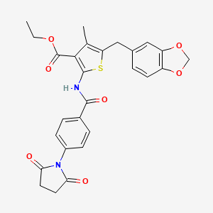 molecular formula C27H24N2O7S B2392696 Ethyl 5-(benzo[d][1,3]dioxol-5-ylmethyl)-2-(4-(2,5-dioxopyrrolidin-1-yl)benzamido)-4-methylthiophene-3-carboxylate CAS No. 476365-74-9