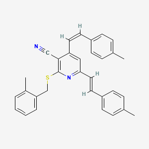 molecular formula C32H28N2S B2392712 2-[(2-Methylbenzyl)sulfanyl]-4,6-bis(4-methylstyryl)nicotinonitrile CAS No. 303985-39-9