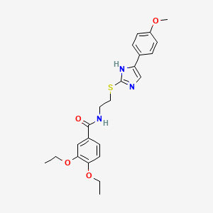 molecular formula C23H27N3O4S B2392762 3,4-diethoxy-N-(2-((5-(4-methoxyphenyl)-1H-imidazol-2-yl)thio)ethyl)benzamide CAS No. 897454-84-1