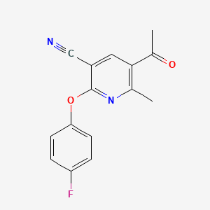 molecular formula C15H11FN2O2 B2392845 5-Acetyl-2-(4-fluorophenoxy)-6-methylnicotinonitrile CAS No. 303146-68-1