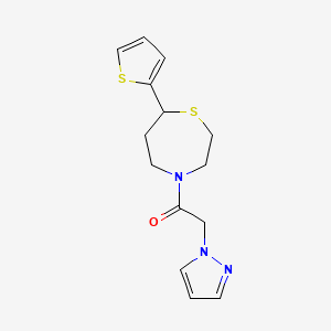 molecular formula C14H17N3OS2 B2392854 2-(1H-pyrazol-1-yl)-1-(7-(thiophen-2-yl)-1,4-thiazepan-4-yl)ethanone CAS No. 1706224-63-6