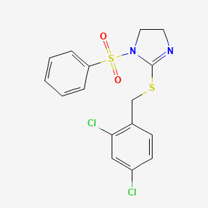 molecular formula C16H14Cl2N2O2S2 B2393067 1-(Benzenesulfonyl)-2-[(2,4-dichlorophenyl)methylsulfanyl]-4,5-dihydroimidazole CAS No. 868219-08-3