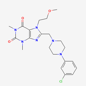 molecular formula C21H27ClN6O3 B2393096 8-((4-(3-chlorophenyl)piperazin-1-yl)methyl)-7-(2-methoxyethyl)-1,3-dimethyl-1H-purine-2,6(3H,7H)-dione CAS No. 851941-15-6