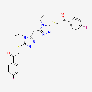 molecular formula C25H24F2N6O2S2 B2393113 2-[[4-Ethyl-5-[[4-ethyl-5-[2-(4-fluorophenyl)-2-oxoethyl]sulfanyl-1,2,4-triazol-3-yl]methyl]-1,2,4-triazol-3-yl]sulfanyl]-1-(4-fluorophenyl)ethanone CAS No. 500267-63-0