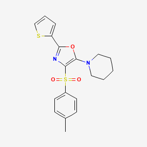 molecular formula C19H20N2O3S2 B2393116 5-(Piperidin-1-yl)-2-(thiophen-2-yl)-4-tosyloxazole CAS No. 627833-52-7