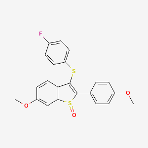 molecular formula C22H17FO3S2 B2393150 3-[(4-氟苯基)硫代]-6-甲氧基-2-(4-甲氧基苯基)-1H-1-苯并噻吩-1-酮 CAS No. 477762-72-4
