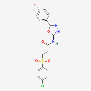 3-(4-chlorophenyl)sulfonyl-N-[5-(4-fluorophenyl)-1,3,4-oxadiazol-2-yl]propanamide