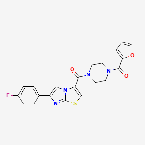 molecular formula C21H17FN4O3S B2393172 (6-(4-Fluorophenyl)imidazo[2,1-b]thiazol-3-yl)(4-(furan-2-carbonyl)piperazin-1-yl)methanone CAS No. 1049446-15-2