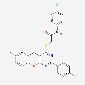 molecular formula C27H22ClN3O2S B2393193 N-(4-chlorophenyl)-2-((7-methyl-2-(p-tolyl)-5H-chromeno[2,3-d]pyrimidin-4-yl)thio)acetamide CAS No. 866807-72-9