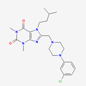 molecular formula C23H31ClN6O2 B2393253 8-[[4-(3-Chlorophenyl)piperazin-1-yl]methyl]-1,3-dimethyl-7-(3-methylbutyl)purine-2,6-dione CAS No. 851941-89-4