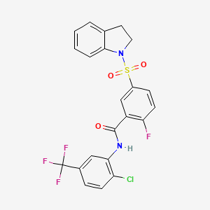 molecular formula C22H15ClF4N2O3S B2393265 N-(2-chloro-5-(trifluoromethyl)phenyl)-2-fluoro-5-(indolin-1-ylsulfonyl)benzamide CAS No. 451480-38-9
