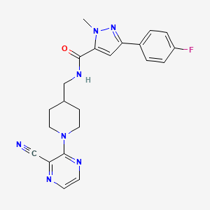 molecular formula C22H22FN7O B2393282 N-((1-(3-cyanopyrazin-2-yl)piperidin-4-yl)methyl)-3-(4-fluorophenyl)-1-methyl-1H-pyrazole-5-carboxamide CAS No. 1797576-06-7