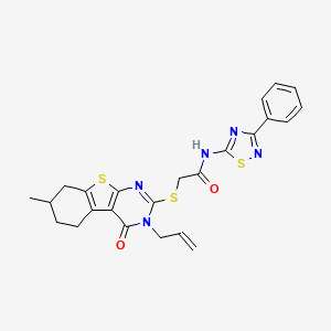 molecular formula C24H23N5O2S3 B2393298 2-[(7-methyl-4-oxo-3-prop-2-enyl-5,6,7,8-tetrahydro-[1]benzothiolo[2,3-d]pyrimidin-2-yl)sulfanyl]-N-(3-phenyl-1,2,4-thiadiazol-5-yl)acetamide CAS No. 670273-36-6