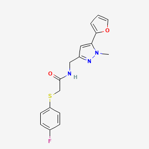 molecular formula C17H16FN3O2S B2393305 2-((4-fluorophenyl)thio)-N-((5-(furan-2-yl)-1-methyl-1H-pyrazol-3-yl)methyl)acetamide CAS No. 1421530-01-9