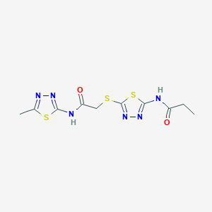 molecular formula C10H12N6O2S3 B2393345 N-[5-[2-[(5-methyl-1,3,4-thiadiazol-2-yl)amino]-2-oxoethyl]sulfanyl-1,3,4-thiadiazol-2-yl]propanamide CAS No. 392318-76-2