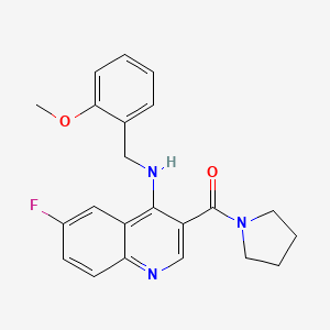 molecular formula C22H22FN3O2 B2393380 (6-氟-4-((2-甲氧基苯甲基)氨基)喹啉-3-基)(吡咯烷-1-基)甲酮 CAS No. 1326838-79-2