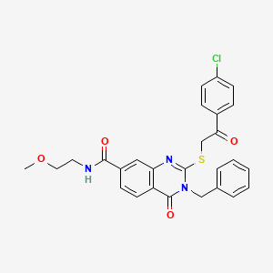 molecular formula C27H24ClN3O4S B2393462 3-benzyl-2-((2-(4-chlorophenyl)-2-oxoethyl)thio)-N-(2-methoxyethyl)-4-oxo-3,4-dihydroquinazoline-7-carboxamide CAS No. 1113128-10-1