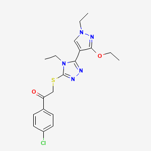 molecular formula C19H22ClN5O2S B2393465 1-(4-chlorophenyl)-2-((5-(3-ethoxy-1-ethyl-1H-pyrazol-4-yl)-4-ethyl-4H-1,2,4-triazol-3-yl)thio)ethanone CAS No. 1013786-65-6
