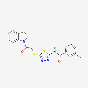 molecular formula C20H18N4O2S2 B2393480 N-(5-{[2-(2,3-dihydro-1H-indol-1-yl)-2-oxoethyl]sulfanyl}-1,3,4-thiadiazol-2-yl)-3-methylbenzamide CAS No. 392300-71-9