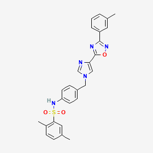molecular formula C27H25N5O3S B2393556 2,5-dimethyl-N-(4-((4-(3-(m-tolyl)-1,2,4-oxadiazol-5-yl)-1H-imidazol-1-yl)methyl)phenyl)benzenesulfonamide CAS No. 1111150-96-9