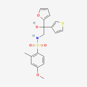 molecular formula C18H19NO5S2 B2393564 N-(2-(furan-2-yl)-2-hydroxy-2-(thiophen-3-yl)ethyl)-4-methoxy-2-methylbenzenesulfonamide CAS No. 2034237-74-4