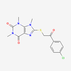 molecular formula C16H15ClN4O3S B2393581 8-[2-(4-Chlorophenyl)-2-oxoethyl]sulfanyl-1,3,9-trimethylpurine-2,6-dione CAS No. 897454-08-9