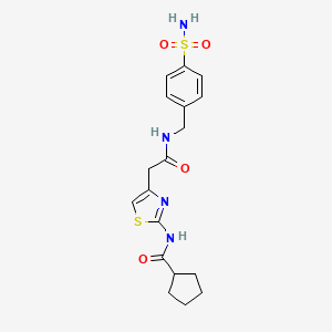 molecular formula C18H22N4O4S2 B2393634 N-(4-(2-oxo-2-((4-sulfamoylbenzyl)amino)ethyl)thiazol-2-yl)cyclopentanecarboxamide CAS No. 1211720-89-6