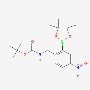 molecular formula C18H27BN2O6 B2393636 2-(N-BOC-Aminomethyl)-5-nitrophenylboronic acid pinacol ester CAS No. 2377609-03-3