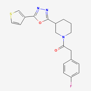 molecular formula C19H18FN3O2S B2393646 2-(4-Fluorophenyl)-1-(3-(5-(thiophen-3-yl)-1,3,4-oxadiazol-2-yl)piperidin-1-yl)ethanone CAS No. 1797579-43-1