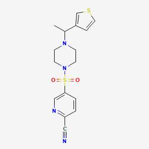 molecular formula C16H18N4O2S2 B2393819 5-[4-(1-Thiophen-3-ylethyl)piperazin-1-yl]sulfonylpyridine-2-carbonitrile CAS No. 2209965-96-6
