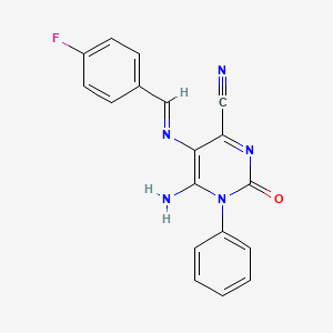 5-{[(E)-(4-fluorophenyl)methylidene]amino}-6-imino-2-oxo-1-phenyl-1,2,3,6-tetrahydro-4-pyrimidinecarbonitrile