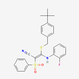molecular formula C26H25FN2O2S2 B2393849 (2E)-3-[(4-叔丁基苄基)硫]-3-[(2-氟苯基)氨基]-2-(苯磺酰基)丙烯腈 CAS No. 866347-04-8