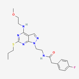 molecular formula C21H27FN6O2S B2393881 2-(4-fluorophenyl)-N-(2-(4-((2-methoxyethyl)amino)-6-(propylthio)-1H-pyrazolo[3,4-d]pyrimidin-1-yl)ethyl)acetamide CAS No. 946283-13-2