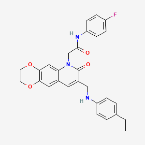 molecular formula C28H26FN3O4 B2394120 2-(8-(((4-乙基苯基)氨基)甲基)-7-氧代-2,3-二氢-[1,4]二氧杂环[2,3-g]喹啉-6(7H)-基)-N-(4-氟苯基)乙酰胺 CAS No. 894557-10-9