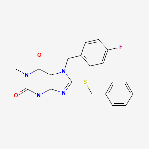 molecular formula C21H19FN4O2S B2394296 8-Benzylsulfanyl-7-[(4-fluorophenyl)methyl]-1,3-dimethylpurine-2,6-dione CAS No. 505080-93-3