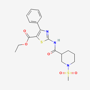 molecular formula C19H23N3O5S2 B2394319 2-(1-(甲基磺酰基)哌啶-3-甲酰胺)-4-苯基噻唑-5-甲酸乙酯 CAS No. 1060165-55-0