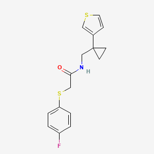 molecular formula C16H16FNOS2 B2394361 2-(4-Fluorophenyl)sulfanyl-N-[(1-thiophen-3-ylcyclopropyl)methyl]acetamide CAS No. 2415565-85-2