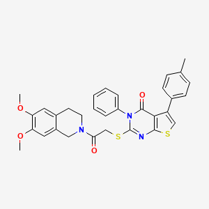 molecular formula C32H29N3O4S2 B2394369 2-[2-(6,7-dimethoxy-3,4-dihydro-1H-isoquinolin-2-yl)-2-oxoethyl]sulfanyl-5-(4-methylphenyl)-3-phenylthieno[2,3-d]pyrimidin-4-one CAS No. 727688-96-2