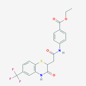 molecular formula C20H17F3N2O4S B2394408 ethyl 4-[[2-[3-oxo-6-(trifluoromethyl)-4H-1,4-benzothiazin-2-yl]acetyl]amino]benzoate CAS No. 433312-15-3