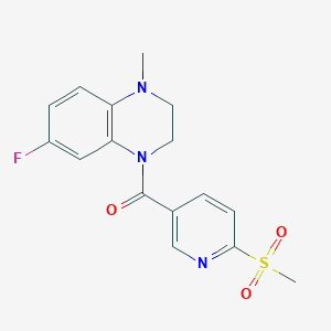 molecular formula C16H16FN3O3S B2394481 (7-Fluoro-4-methyl-2,3-dihydroquinoxalin-1-yl)-(6-methylsulfonylpyridin-3-yl)methanone CAS No. 2249601-80-5
