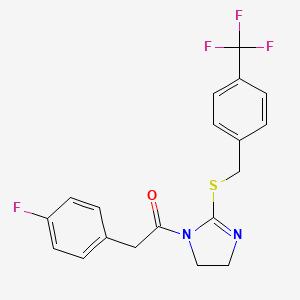 molecular formula C19H16F4N2OS B2394561 2-(4-fluorophenyl)-1-(2-((4-(trifluoromethyl)benzyl)thio)-4,5-dihydro-1H-imidazol-1-yl)ethanone CAS No. 851806-41-2