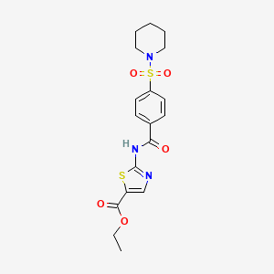 molecular formula C18H21N3O5S2 B2394613 2-(4-(哌啶-1-磺酰基)苯甲酰胺基)噻唑-5-羧酸乙酯 CAS No. 868212-97-9