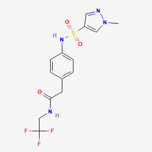 molecular formula C14H15F3N4O3S B2394623 2-(4-(1-methyl-1H-pyrazole-4-sulfonamido)phenyl)-N-(2,2,2-trifluoroethyl)acetamide CAS No. 1448052-12-7