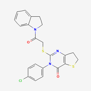 molecular formula C22H18ClN3O2S2 B2394641 3-(4-Chlorophenyl)-2-[2-(2,3-dihydroindol-1-yl)-2-oxoethyl]sulfanyl-6,7-dihydrothieno[3,2-d]pyrimidin-4-one CAS No. 687563-19-5